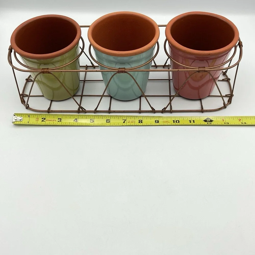 Bath &‎ Body Works Ceramic Flower Pots Planters Set of 3 w/ Metal Wire Caddy